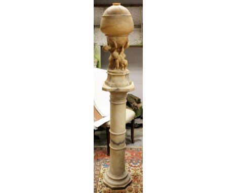 Good late 19th / early 20th century alabaster standard lamp, domed globular cover with putti supports, on octagonal plinth an