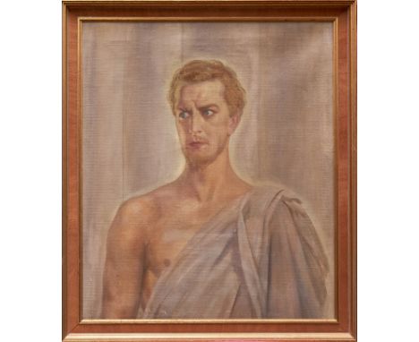 Margaret Lindsay Williams (act.1910-1960) oil on canvas - portrait of a semi-clad gentleman, artists label verso, framed, 69c