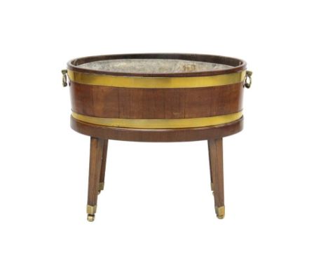 Georgian mahogany brass bound planter, oval form with flanking drop handles, metal liner, raised on stand with square tapered