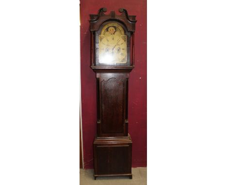 George III longcase clock with thirty hour movement and a painted break arch dial, floral spandrels and globes, subsidiary se