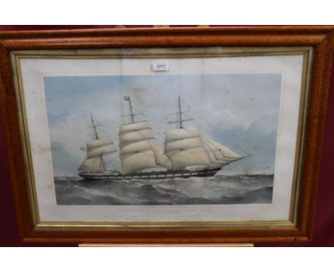T. G. Dutton 19th century hand coloured lithograph - Clipper Ship “Aurora”, 1768 Tons, published 1875, in glazed maple veneer