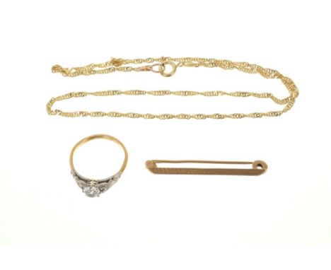 Gold (18ct) ring with synthetic white stone in platinum setting, together with gold (9ct) bar brooch and gold (9ct) chainCond