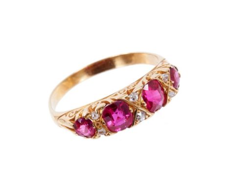 Late Victorian ruby and diamond ring with four oval mixed cut rubies interspaced by six old cut and rose cut diamonds in a ca