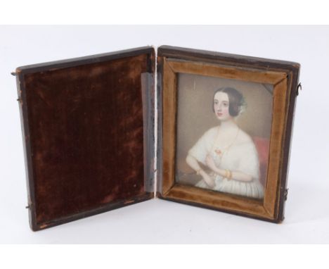 English School. Circa 1835, portrait miniature on ivory of a lady in white dress, 11 x 8cm, folding cloth bound case