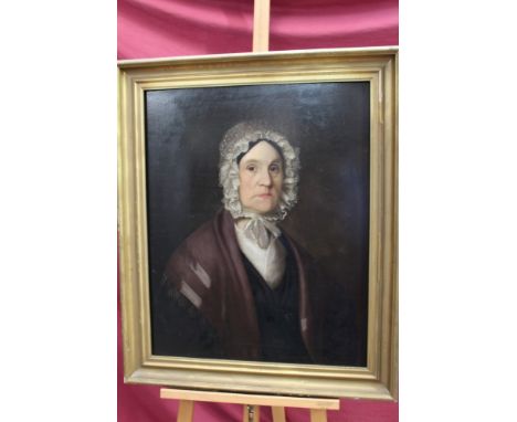 Pair of early 19th Century American School oils on panel - portrait of a husband and wife, in gilt frames, 75cm x 60cm