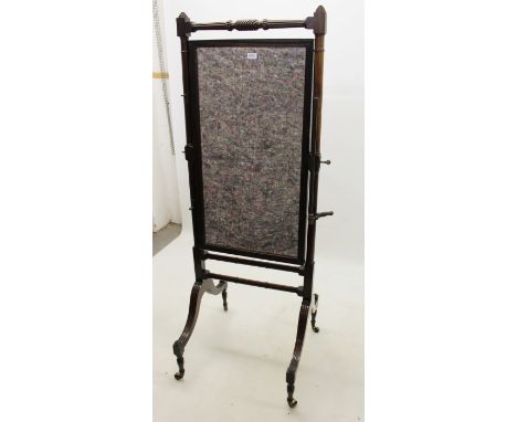 Regency mahogany cheval mirror, with rectangular mirror plate in reeded surrounds, pivoting within baluster frame with swept 