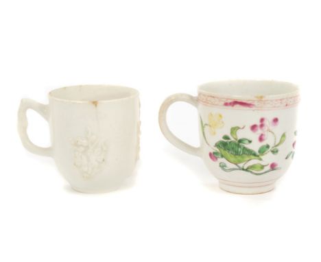 18th century Bow polychrome decorated coffee cup with Chinese floral decoration and a Bow blanc-de-chine coffee cup with appl