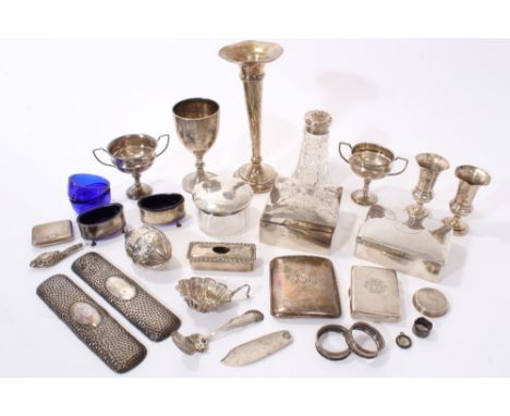 Selection of miscellaneous silver including two cigarette boxes, two cigarette cases, snuff box, pair salts, three small trop