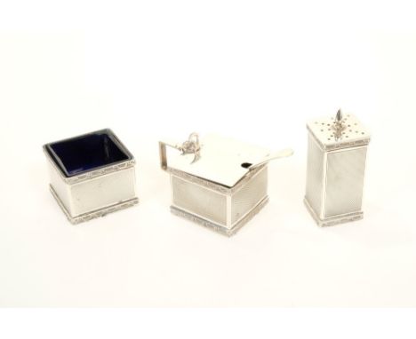 1930s Art Deco-style silver three piece cruet set - comprising salt of square form, with engine-turned decoration and foliate