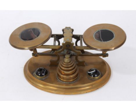 Pair of Victorian brass letter scales by Howell James &amp; Co. Regent Street, London, with agate cabochon decoration, 21cm w