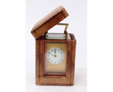 Late 19th / early 20th century carriage clock with eight day timepiece movement and cylinder escapement, white enamelled dial