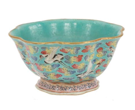 19th century Chinese porcelain bowl with polychrome painted crane and cloud decoration on turquoise ground - red seal mark to