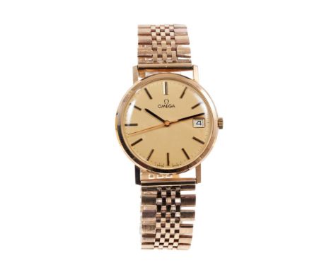 1970s Gentlemen’s Omega 9ct gold wristwatch with manual-wind movement, the circular gold dial with date aperture, centre swee