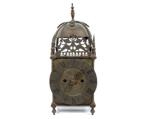 19th century mantel clock in the form of a lantern clock, with twin fusee movement, striking on a top-mounted bell, in a 17th