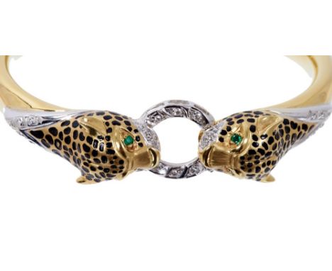 Cartier-style 18ct gold Leopard bangle with a diamond circle clasped by two gold and enamel leopard's head terminals with eme
