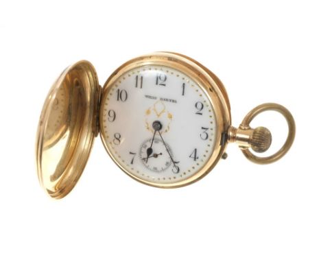 Swiss full hunter pocket watch with 15 jewel button-wind movement in yellow metal case, marked ‘56’. Case 47mm diameter.