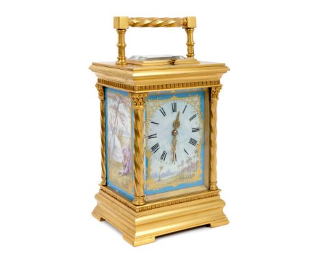 Late 19th / early 20th century carriage clock with French eight day repeat movement and lever escapement, striking on a gong,