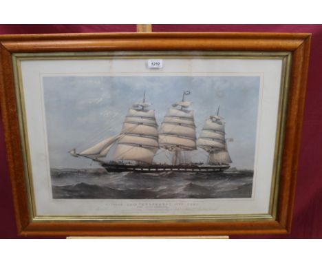 T. G. Dutton 19th century hand coloured lithograph - Clipper Ship “Hesperus”. 1777 Tons, published 1874, in glazed maple vene