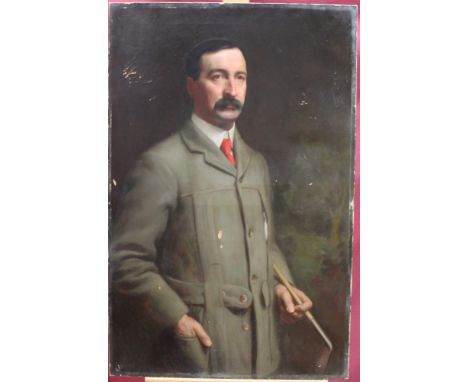 Ernest Board oil on canvas - portrait of an Edwardian gentleman holding a golf club, inscribed and dated 1903 verso, unframed