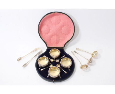 Set of four 1920s silver salts of cauldron form, with gadrooned borders and silver gilt interiors, on hoof feet, with four ma
