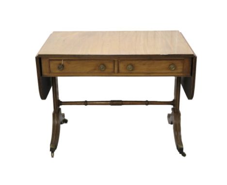 George III-style mahogany sofa table with two drop flaps and two drawers on end standards with reeded swept supports terminat