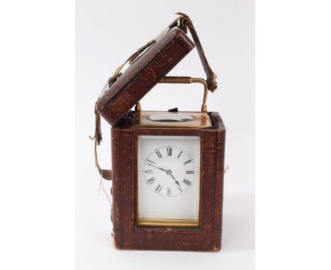 Late 19th / early 20th century carriage clock with French eight day movement and lever escapement striking on a gong, white e