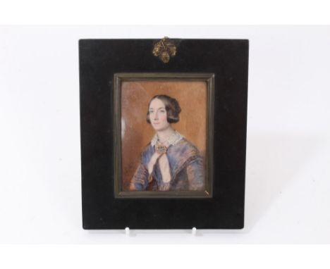 Walter Francis Tiffin (c.1820-1880) miniature portrait on ivory of a lady in a blue dress with lace trim, 10 x 7cm, inscribed