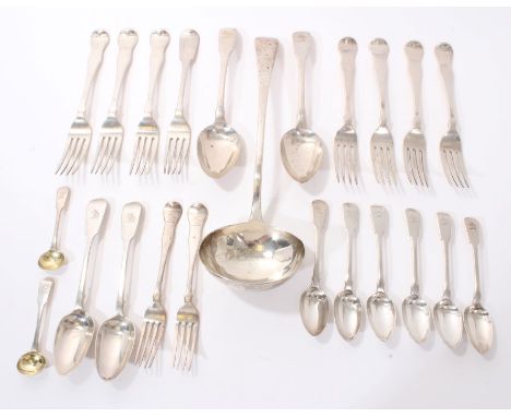 Selection of Georgian and later fiddle pattern flatware with same engraved armorial crest - including large soup ladle, eight