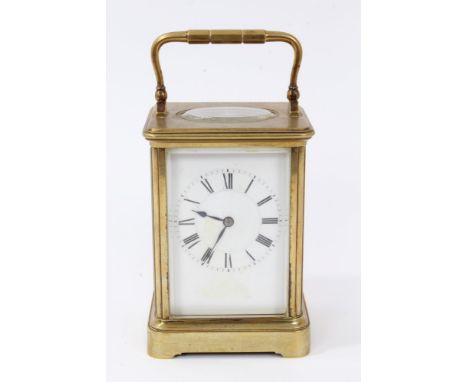 Late 19th / early 20th century carriage clock with French eight day timepiece movement, with lever escapement, back plate wit