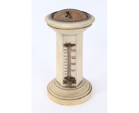 Miniature 19th century ivory desk sundial, with paper plateau, signed 'C Essex &amp; Co, London', thermometer with engraved s