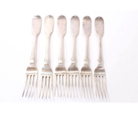 Five Victorian silver fiddle pattern dessert forks (London 1846), W R Smily, together with one other, same pattern (London 18
