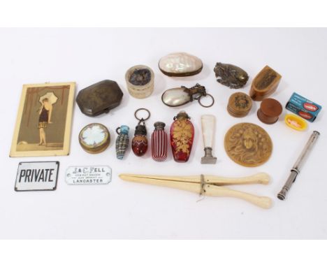 Assorted vertu items, to include inscribed brass snuff box dated 1865, glass scent bottles, enamel signs, silver propelling p