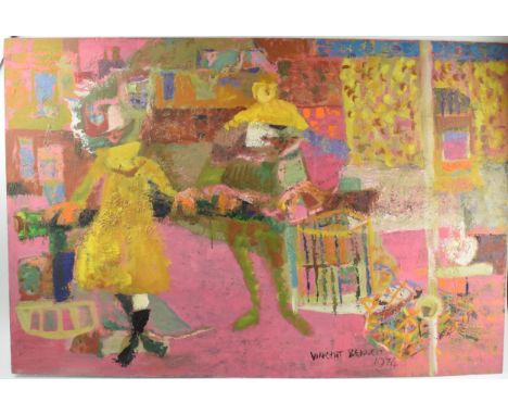 Vincent Bennett (Plymouth 1910-1993), oil on board, 'Lobster Pot and Figures', signed Vincent Bennett 1974, 92cm x 62cm, unfr