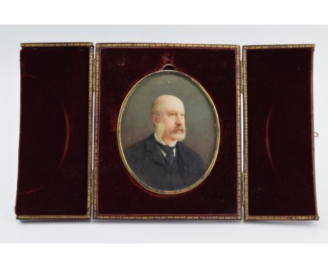 Antique cased miniature portrait of a gentleman with sideburns, in leather easel-back case, lined with velvet, frame 10cm tal