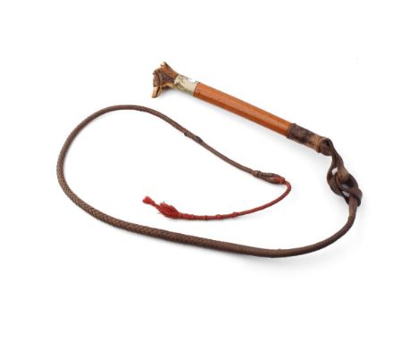Beagling / Huntsman`s combined whip and whistle – Approx 8” long malacca shafted whip , plaited leather thong on original lea