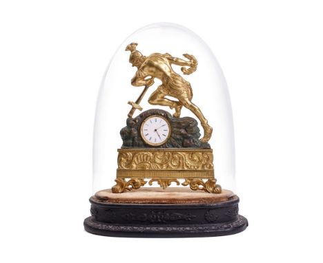 19th century continental gilt metal mantle clock of a soldier falling onto his own sword, on ebonised wooden base, under oval