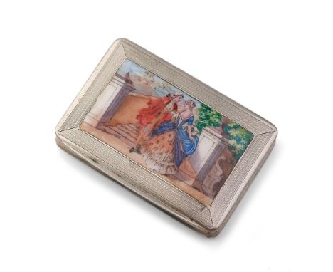 Silver .800 case with engineered decoration with guilloche enamel decoration of a romantic scene, 68.7 grams, 7.5x5.5cm (dama