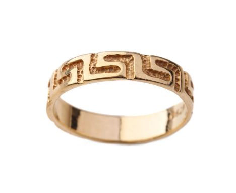 14ct gold Grecian Key style ring, 2.6 grams, size R.  Tests as 14ct gold and stamped 585.