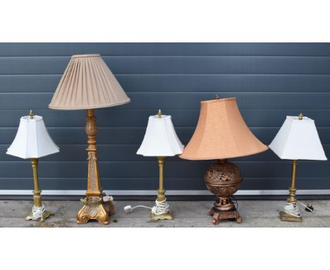 A selection of ornate reproduction lamp bases, with shades, of varying heights and forms (5), tallest 100cm tall.  