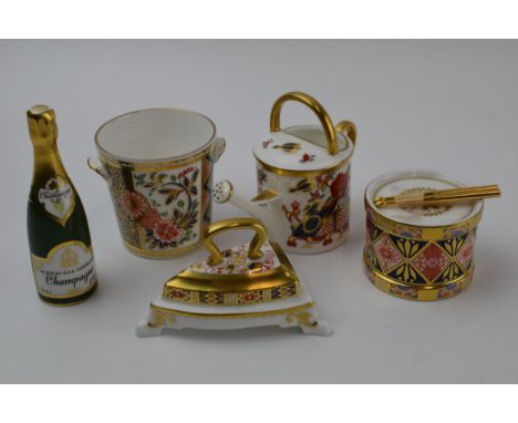 Four Royal Crown Derby miniatures, Watering Can, ‘Rich Japan’ pattern, red Royal Crown Derby stamp on the base, Iron, ‘Imari’