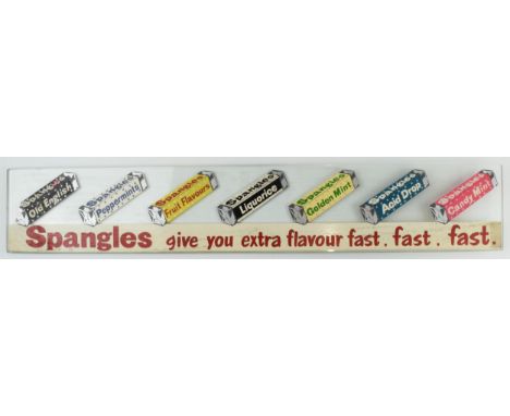 Spangles glass advertising display counter shelf, 'Spangles give you extra flavour fast, fast, fast', 59x10.5cm.  Generally g
