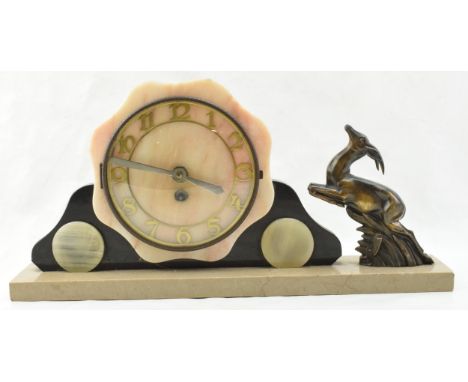 French Art Deco mantle clock with rearing gazelle garniture, 45cm long.  Chip to top.