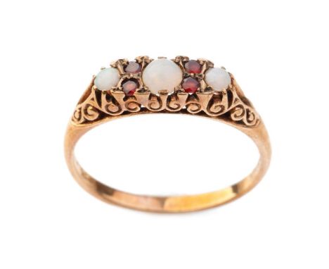 9ct gold garnet and opal set dress ring, 2.7 grams, size S.  