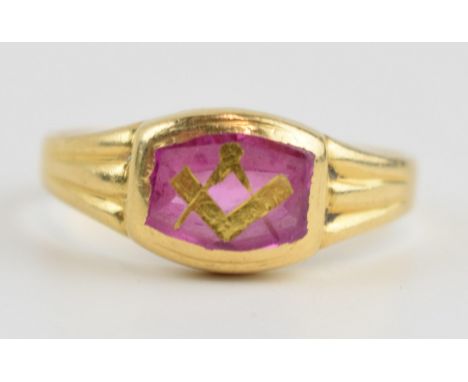 18ct gold ring set with a ruby with inlaid gold decoration with Masonic logo, 3.3 grams, size O/P.  