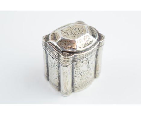 19th century Dutch silver box in the form of a tea caddy, with village scent to front, 20.1 grams, 4cm tall.  