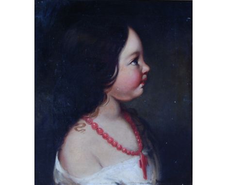 19th century school - Profile portrait of a girl wearing a coral necklace, oil on canvas, 35 x 30cm