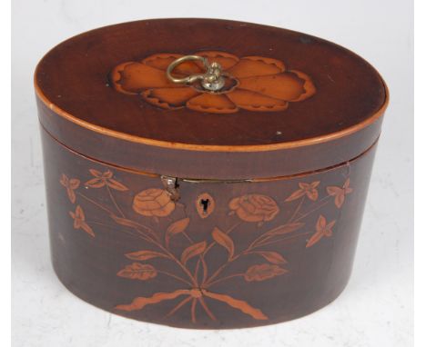 A George III fiddleback mahogany and floral marquetry inlaid tea caddy, of oval form, the hinged lid with further satinwood s