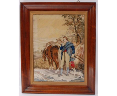 A Victorian needlework panel of Robert Burns, depicted standing beside his horse in a landscape, signed lower left E Horsburg