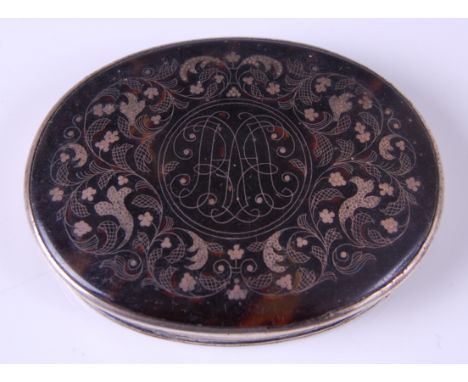 A 19th century white metal, tortoiseshell and pique work pocket snuff box, of oval form, the removable lid with yellow metal 