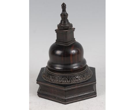 A 19th century lignum vitae table snuff box, having a finial topped bell cover to a hexagonal base, h.17cmCondition report: F